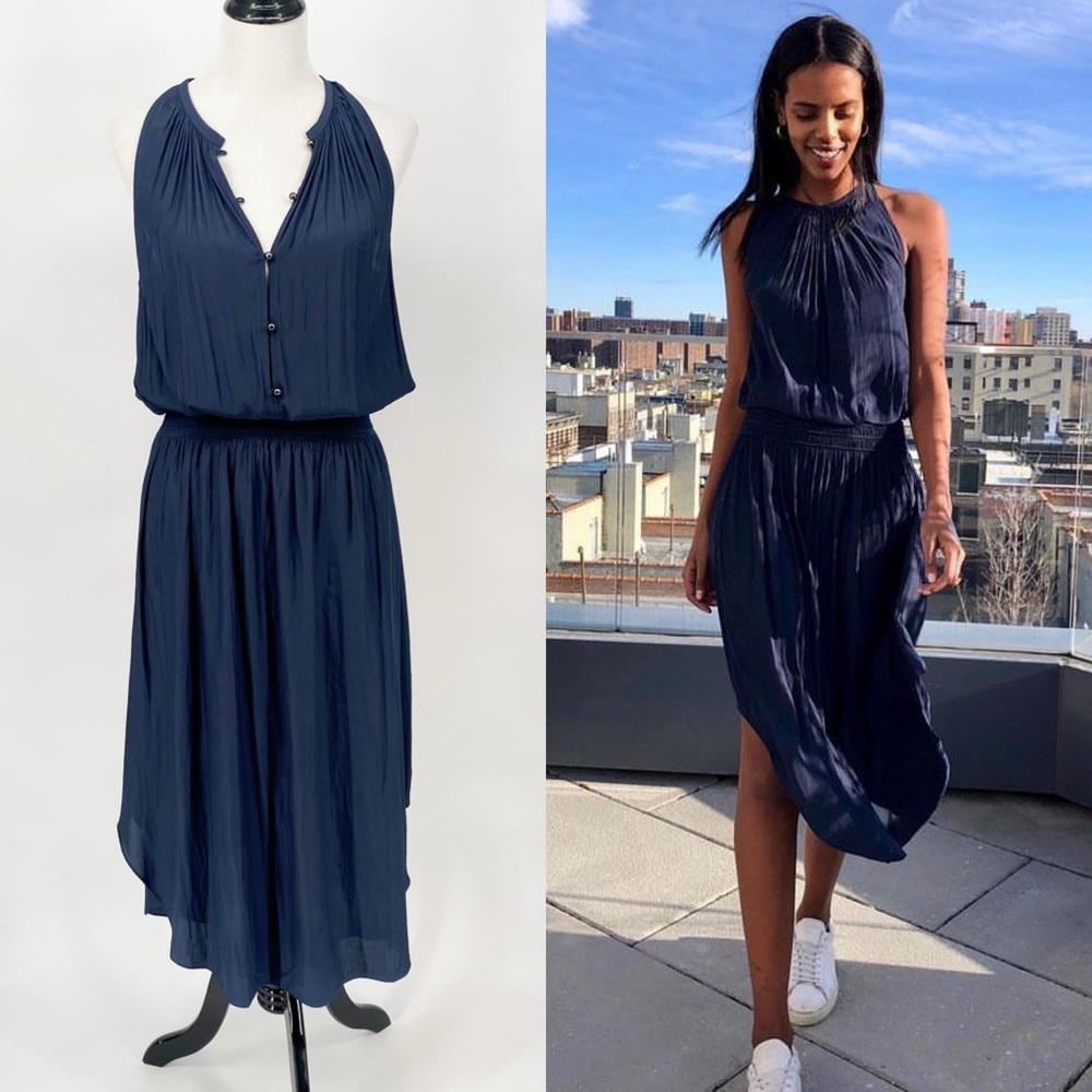 Ramy Brook Navy Button Front Smocked Midi Dress Navy M